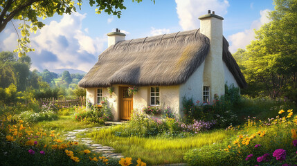 Picturesque traditional Irish cottage with a thatched roof surrounded by a colorful blooming garden, embodying the charm and beauty of rural Ireland.