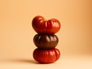 Sweet stacked tomatoes over beige background. Healthy food ingredient
