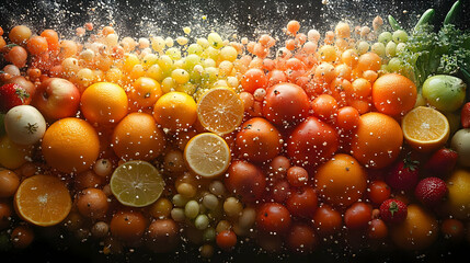 A vibrant collection of fresh fruits and vegetables in a colorful and juicy composition, captured in a studio shot with a water splash effect
