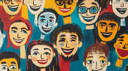 Joyful diverse faces smiling, colorful painted portrait.