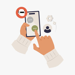 Hands using smartphone with chat messages in flat vector illustration symbolizing mobile communication, online conversation, and messaging, isolated on white background.