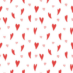 Seamless pattern featuring red and white hand-drawn hearts on a white background, perfect for Valentine's Day designs, romantic decorations, and love-themed