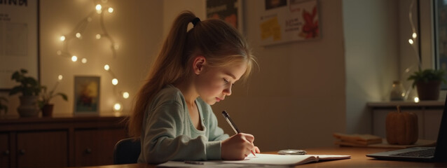 Young Girl Focused on Studying at Night in Cozy Room