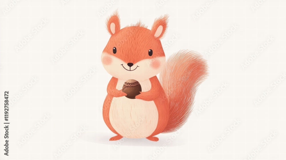 Fototapete friendly squirrel holds an acorn in a whimsical illustration with soft colors and charming details. 