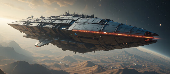 Spaceship Floating Above Desert Mountains with Glowing Engine