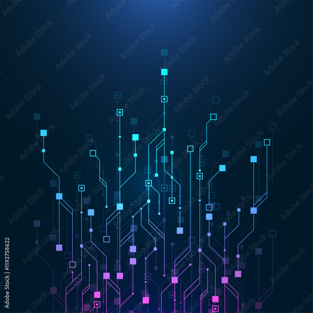 Poster Artificial Intelligence or machine learning vector design. Quantum computer technology concept with circuit board and motherboard texture background design. Waves flow quantum explosion