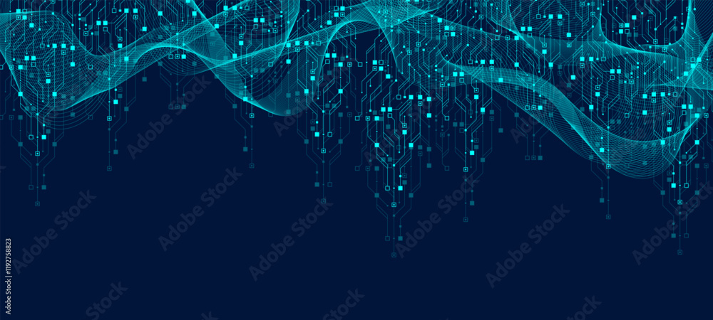 Fototapete Artificial Intelligence or machine learning vector design. Quantum computer technology concept with circuit board and motherboard texture background design. Waves flow quantum explosion