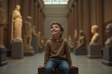 Young Boy Smiling with Wonder Exploring Museum Gallery Surrounded by Statues