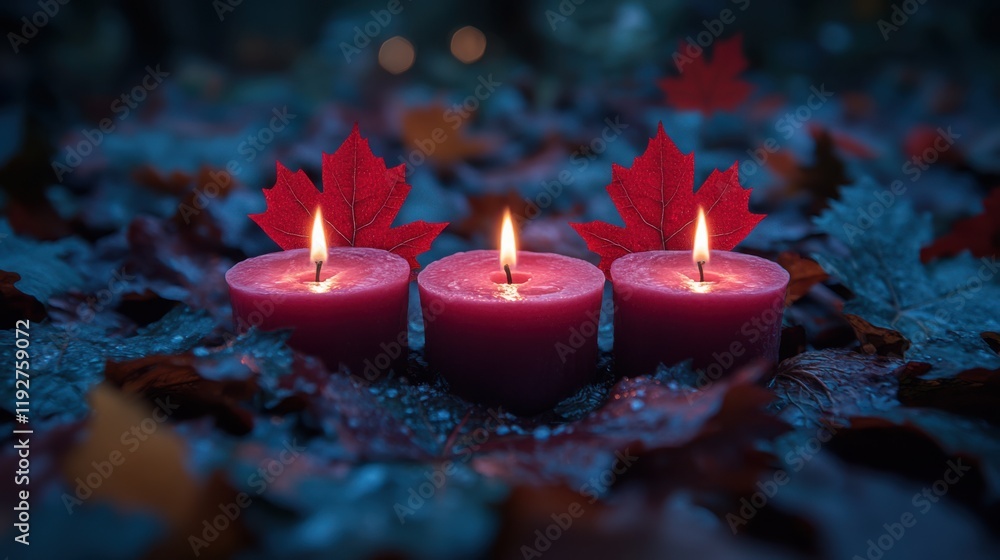 Poster tranquil autumn scene with three red candles surrounded by colorful maple leaves on a cool evening, 
