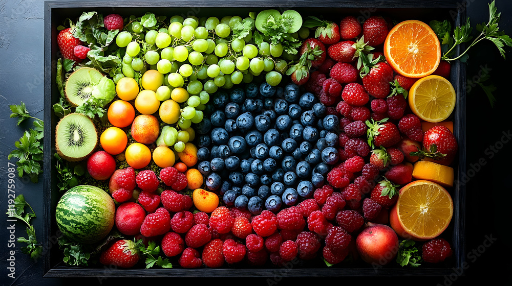 Poster A vibrant and colorful arrangement of fresh fruits in a wooden box. The fruits are arranged in a circular pattern, creating a visually appealing displ