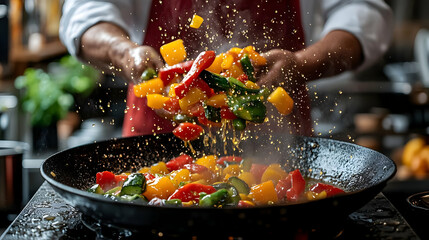 Fototapeta premium A Chef expertly tossing vibrant bell peppers and other vegetables in a hot wok, creating a dynamic and delicious stir-fry.