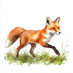 Obraz premium Illustration of the Red Fox in the forest, soft watercolor tones, white background, detailed illustration, cartoonish.