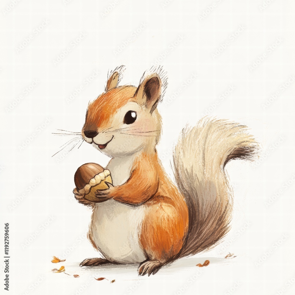 Poster cute illustration of a squirrel holding an acorn in a cozy forest setting during autumn. generative 