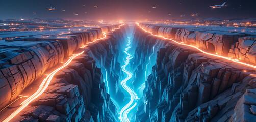 Airplanes Flying Over Illuminated Canyon with Glowing Lines.
