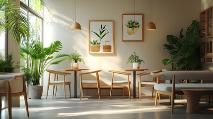 bright interior with plants and tables in a cafe