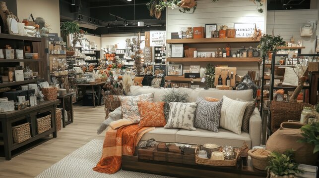 Interior of a retail store showcasing a variety of home decor and accessories displayed on shelves and tables - Powered by Adobe