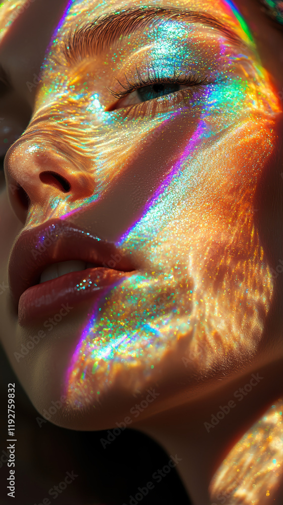 Aufkleber striking close-up of a woman's face illuminated by vibrant rainbow prism light in an artistic displa