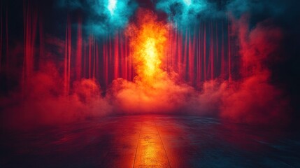 Fototapeta premium Dark smoky scene with red and blue lighting.