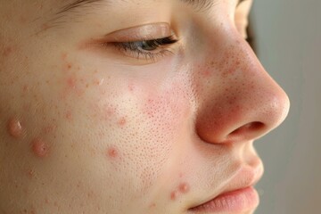 Closeup of a teenage girl with acne, pimples and blackheads