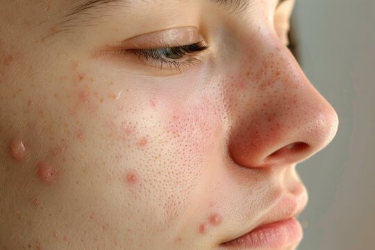 Closeup of a teenage girl with acne, pimples and blackheads