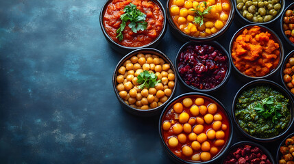 Fototapeta premium A vibrant array of colorful vegetarian dishes in dark bowls, a feast for the eyes and the palate