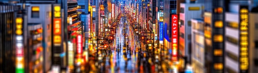 Obraz premium Japan city street night view, vibrant lights, busy crowds, urban scene, travel