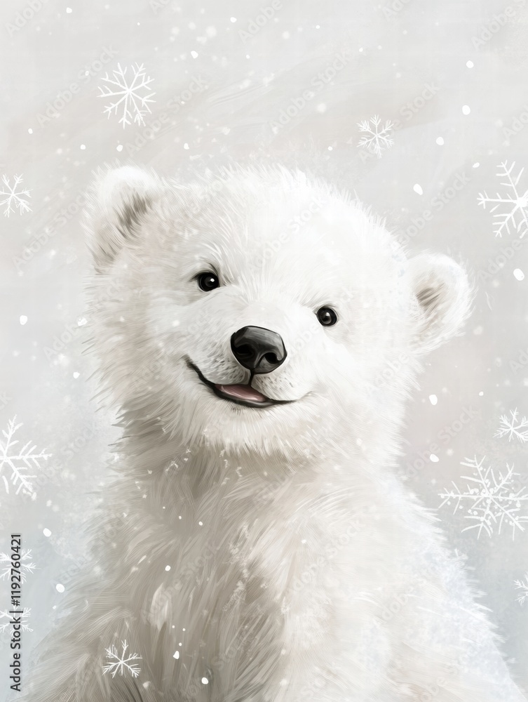 Poster Cute polar bear cub smiling cheerfully in a snowy backdrop with delicate snowflakes falling gently around. Generative AI