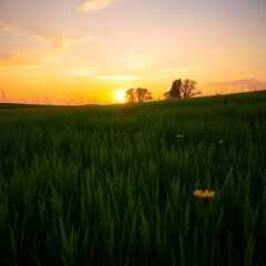 Sunset over green field with wildflowers.