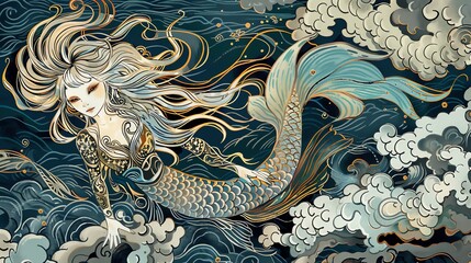 A mermaid with long blonde hair and a blue tail swims in the ocean.