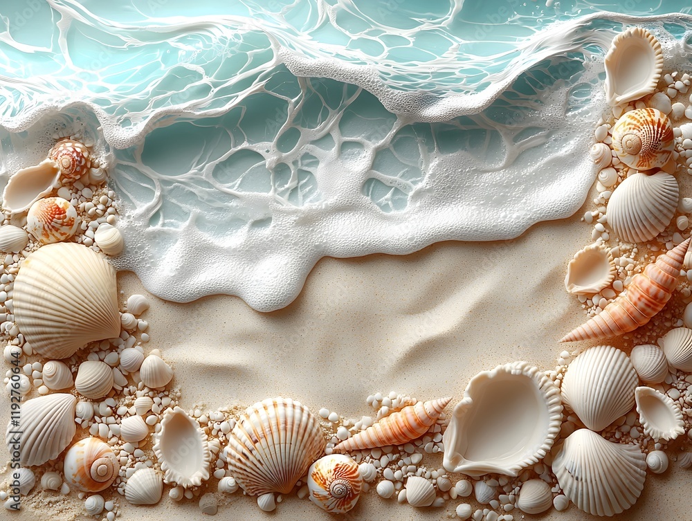 Poster serene beach themed frame with sand textures seashells and soft ocean wave patterns in style