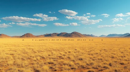Fototapeta premium Desert herd grazing, mountains background, travel