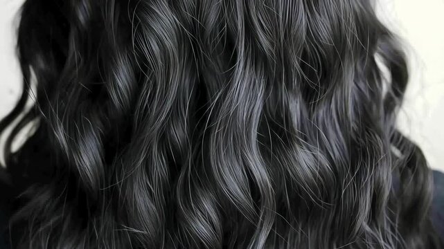 Beautiful flowing black wavy hair showcased against a plain background in a close-up view