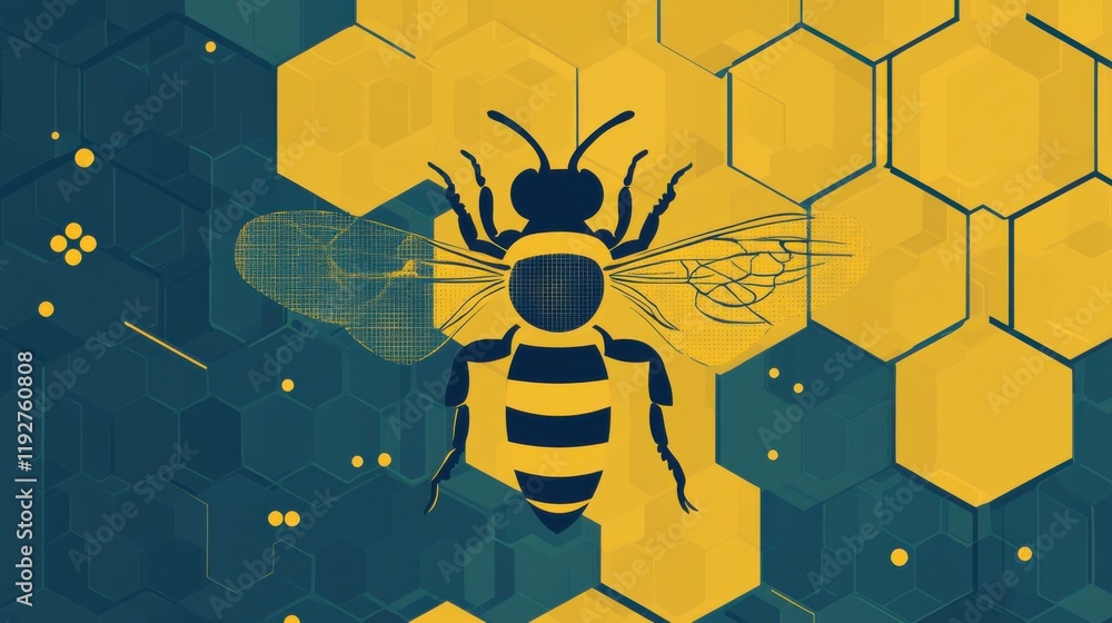 Poster abstract representation of a bee surrounded by hexagonal patterns and textures in vibrant yellow and