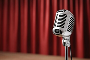 Vintage Style Microphone on Stage with Red Velvet Curtain Background