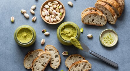 Delicious pistachio spread served with fresh bread and nuts