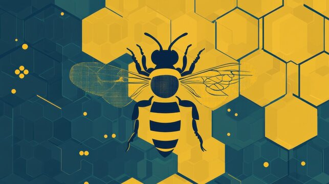 Abstract representation of a bee surrounded by hexagonal patterns and textures in vibrant yellow and teal tones, symbolizing nature, pollination, and environmental themes.
