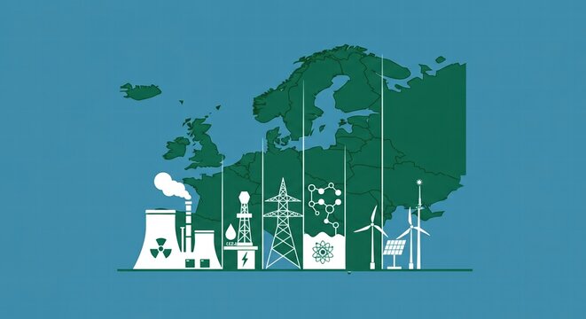 Renewable energy sources and industrial elements on a map of Europe