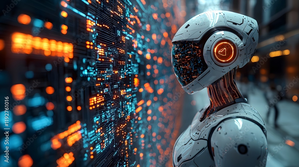 Poster a futuristic robot analyzing complex data streams surrounded by holographic projections
