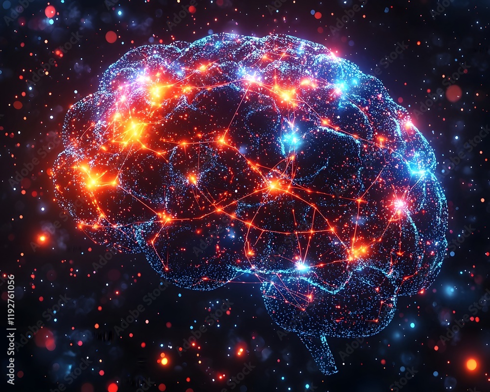 Poster glowing digital brain pulsing neural network visualizing intelligence
