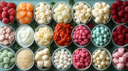 Assortment of colorful kefir grains with various fruits, a vibrant and healthy food photography image
