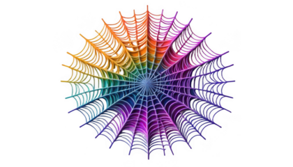 Intricate spiderweb-like network of Holi colors, featuring sharp, defined edges in contrasting vibrant tones, on a white transparent background PNG