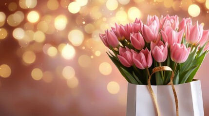 Elegant bouquet of pink tulips in a decorative bag