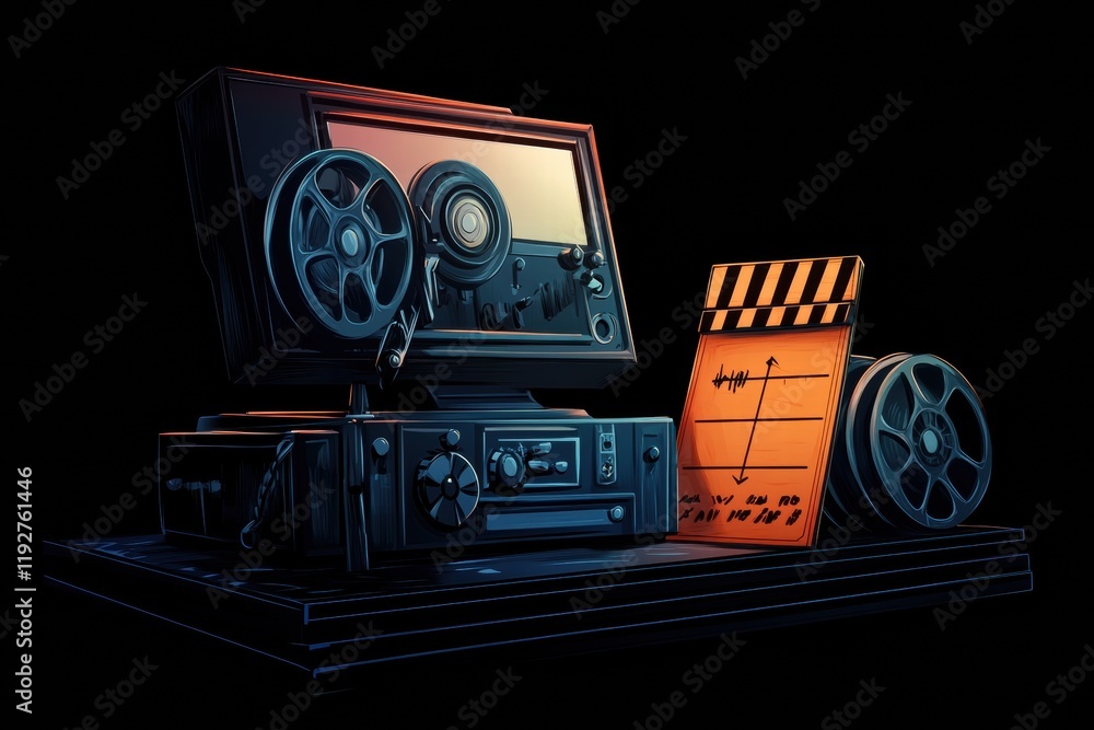 Poster retro film projector with reels and clapperboard highlighting vintage filmmaking techniques in a dar
