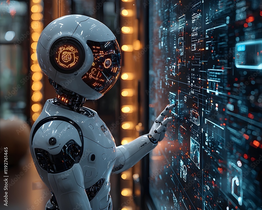 Aufkleber sleek robot interacting with child in futuristic classroom via holographic displays and content