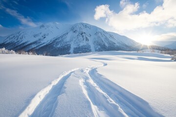 Snow-covered landscape with ski tracks leading towards a majestic mountain under a blue sky