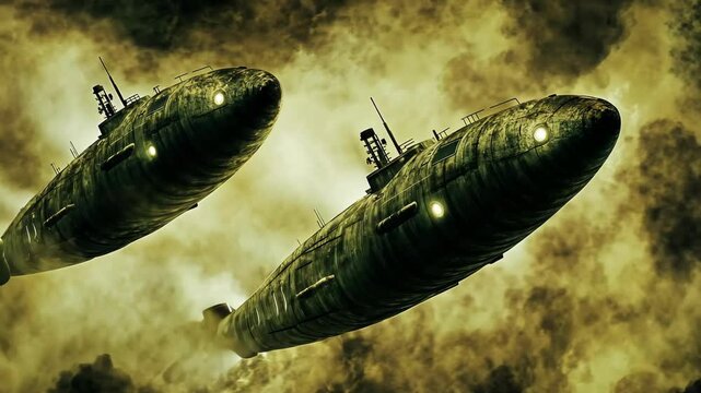 Two submarines navigate through murky waters during a mysterious underwater operation at dusk