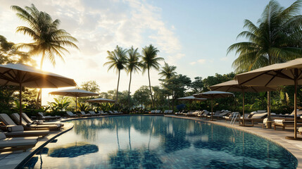 Fototapeta premium An opulent villa with a pool, shaded by beach umbrellas and surrounded by reclining chairs and palm trees.