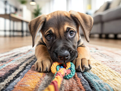 Playful boxer puppy chewing on colorful rope toy in cozy indoor setting