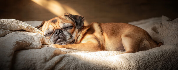 Contented pug snoozing in sunbeam on plush blanket, radiating warmth