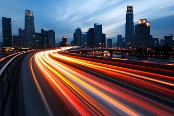 Obraz premium Streaks of light race through a bustling city skyline at twilight near the waterfront